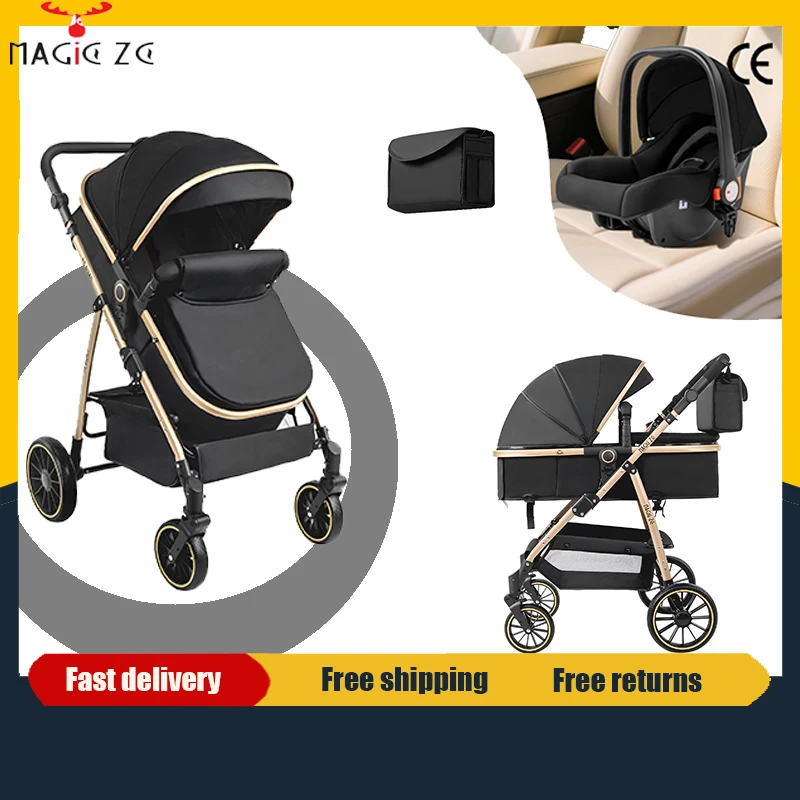 Cochecito compacto para bebés 3 en 1 para recién nacidos con arnés de seguridad de cinco puntos, asiento de coche, cochecito de cuatro ruedas, diseño plegable con amortiguación, sistema de viaje para bebés, adecuado para viajes de larga distancia, ruedas EVA, cesta de almacenamiento, cochecito que permite sentarse o recostarse.