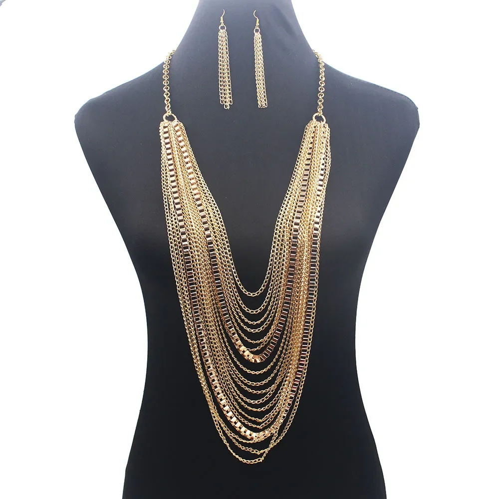 Chic Metallic Multi Row Cascade Fringe Bib Necklace Earrings Set Bold Geometric Drape Collar Choker For Fashion Party Dress