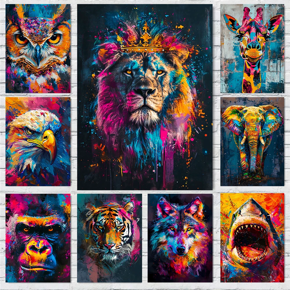 Carteles de arte abstracto de animales coloridos, pinturas impresas en lienzo, imágenes artísticas de pared de Graffiti, León, Tigre, búho, decoración de sala de estar