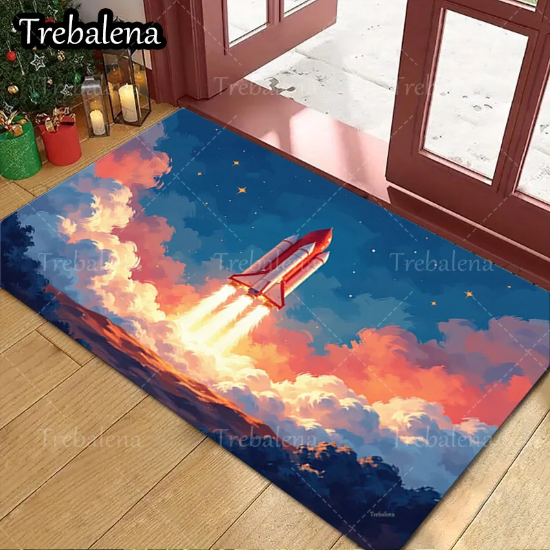 

1pc Welcome Door Mat Space Rocket Launch Sky Clouds Doormat For Home Decor