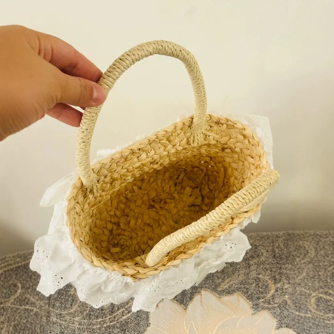 Niedliche Mini-Schleifen-Stroh-Eimertaschen für Frauen, Sommer-Spitzen-Strohtasche, handgefertigte gewebte Handtaschen und Geldbörsen, böhmische Strandtasche, Tragetasche, NEU