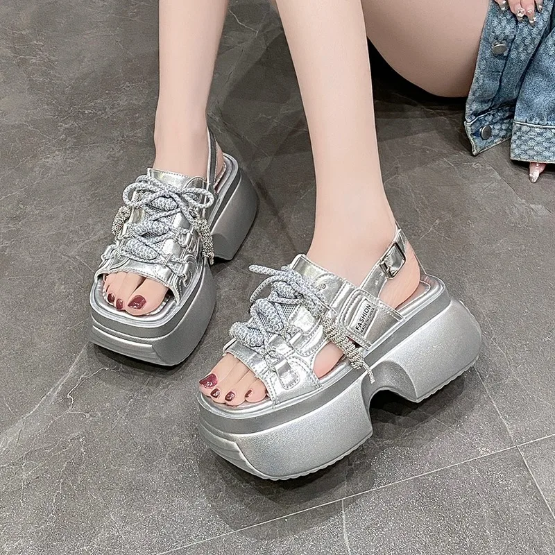 New Summer Women Leather Chunky Sandals High Platform Trainers Breathable Casual Slippers Shoes Woman 8CM Heels Wedge Sneakers