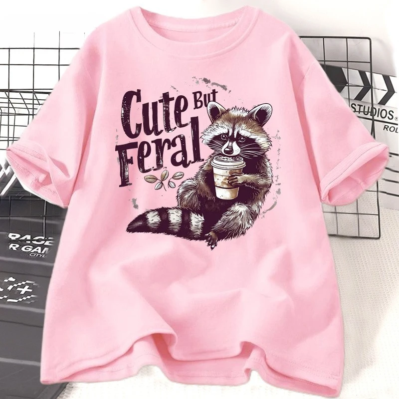 Funny Racoon Cute But Feral T Shirt Women Funny Opossum Tee Retro Animal Meme T-shirt Cotton Short Sleeve Clothing Female Tees