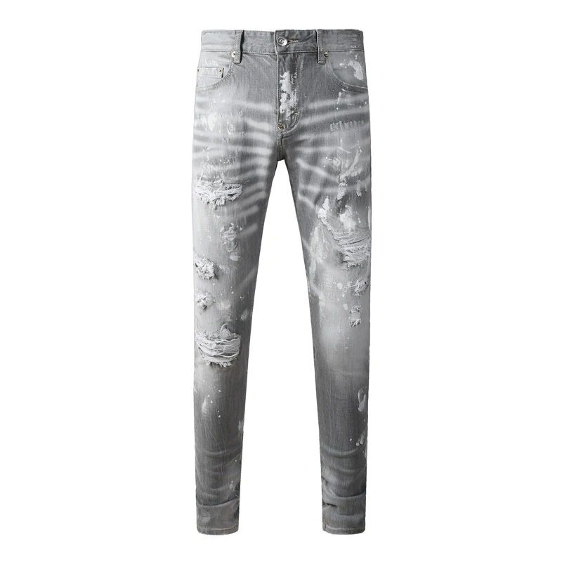 High Street Fashion Men's Light Grey Jeans Wrinkle Elastic Slimming Water Washed Perforation Patch Light Grey Hip Hop Brand Pant