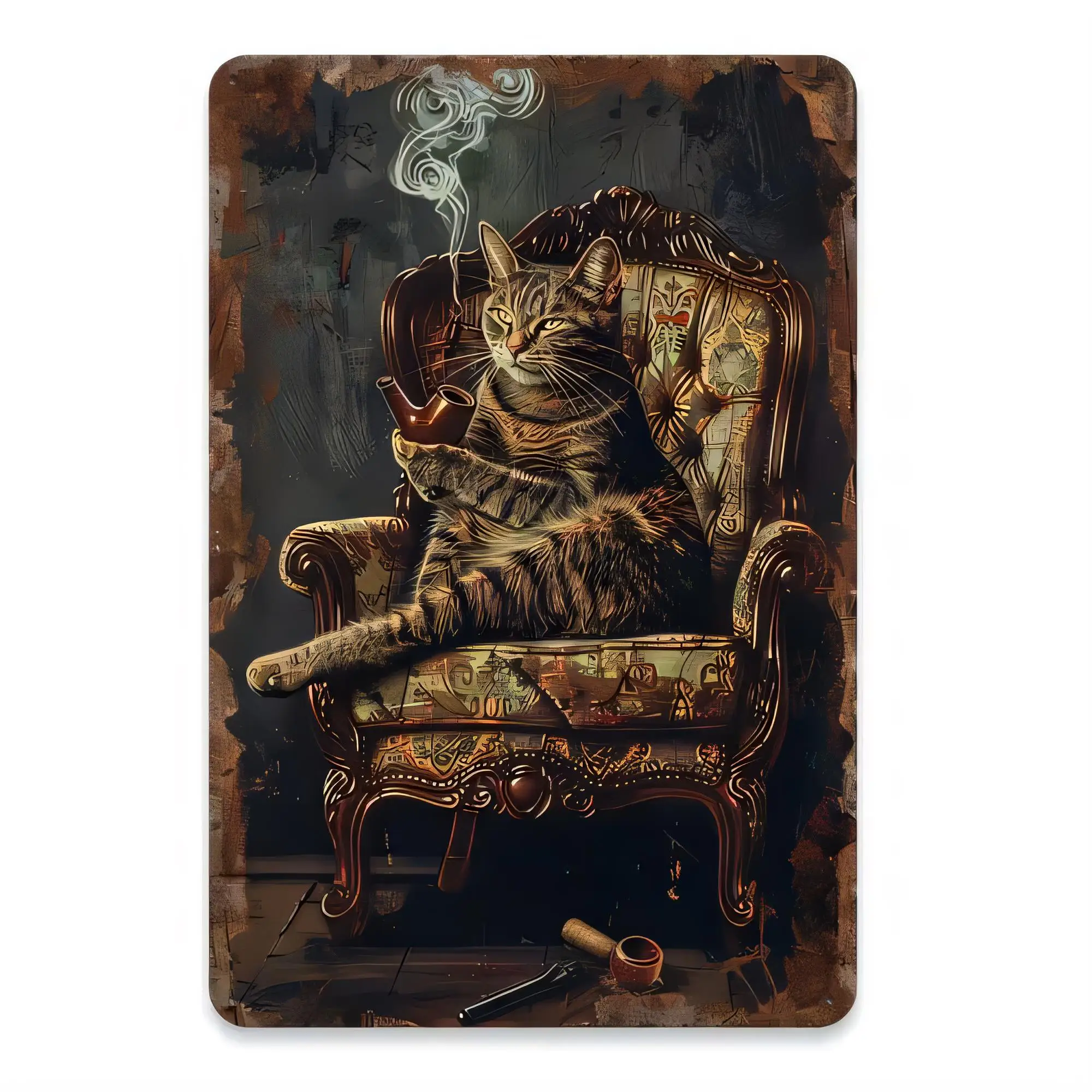 Tin Sign Cat Smoking Pipe Vintage Steampunk Cat Reading Newspaper Wall Decor Metal Plaque Retro Bar Pub Garage Home Kitchen Art