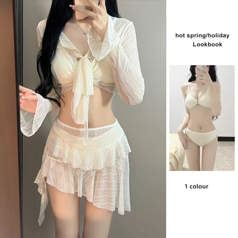 2024 Summer New Style White Fairy Four-Piece Swimsuit Women's Bikini Vacation Seaside Long Sleeve Hot Spring High-Grade