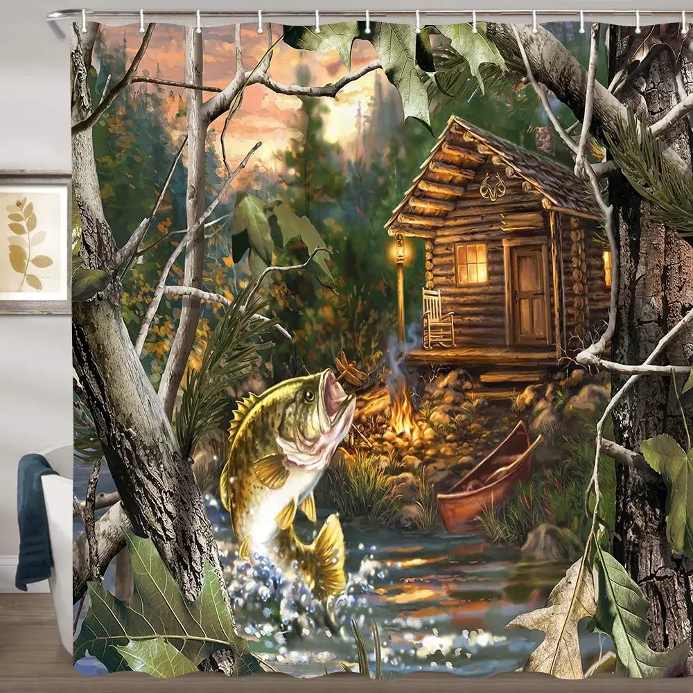 Bass Fish with Wooden Cabin House in Camo Forest with Lake Hunting Style Shower Curtains