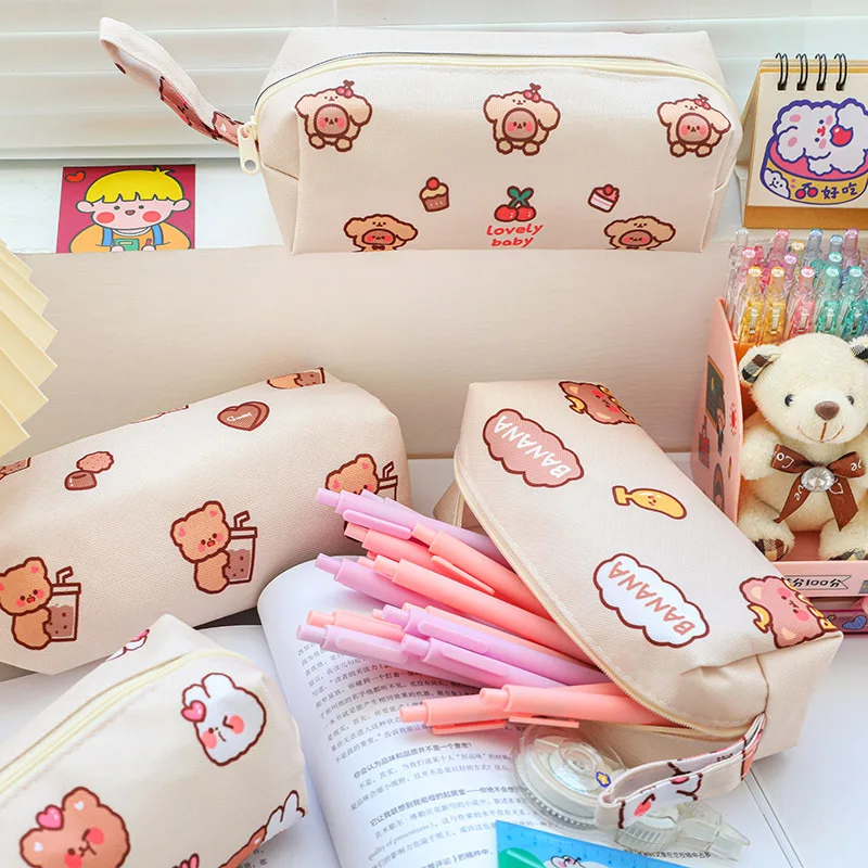 Cartoon Little Bear Canvas Pencil Case Large Capacity Pencil Case Desktop Stationery Organizing Storage Bag