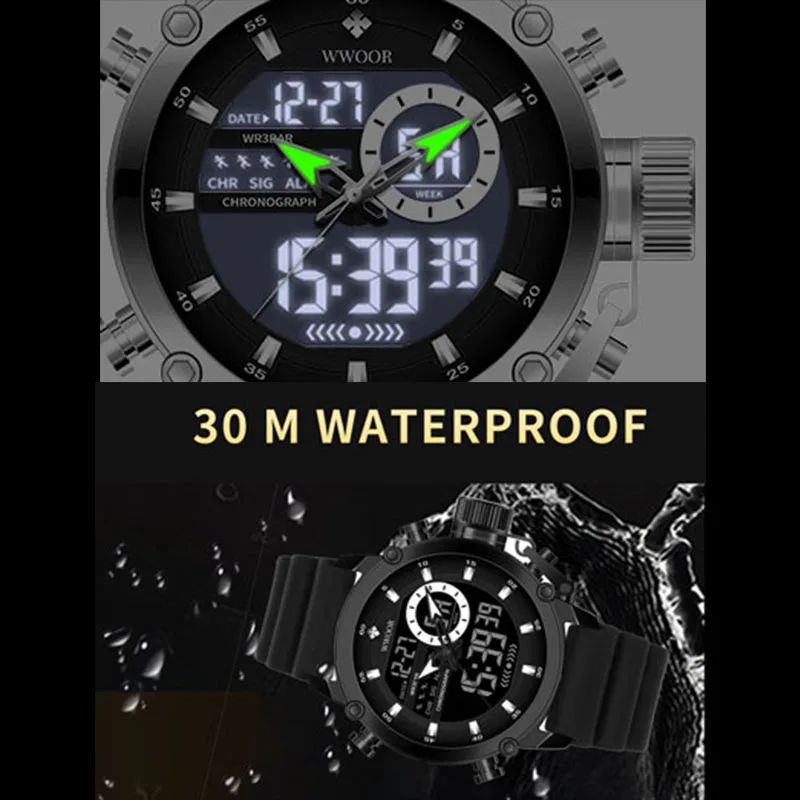 WWOOR New Watches For Men Luxury Black Digital Mens Wristwatch Military Sports Quartz Male Watch Silicone Strap Waterproof Clock