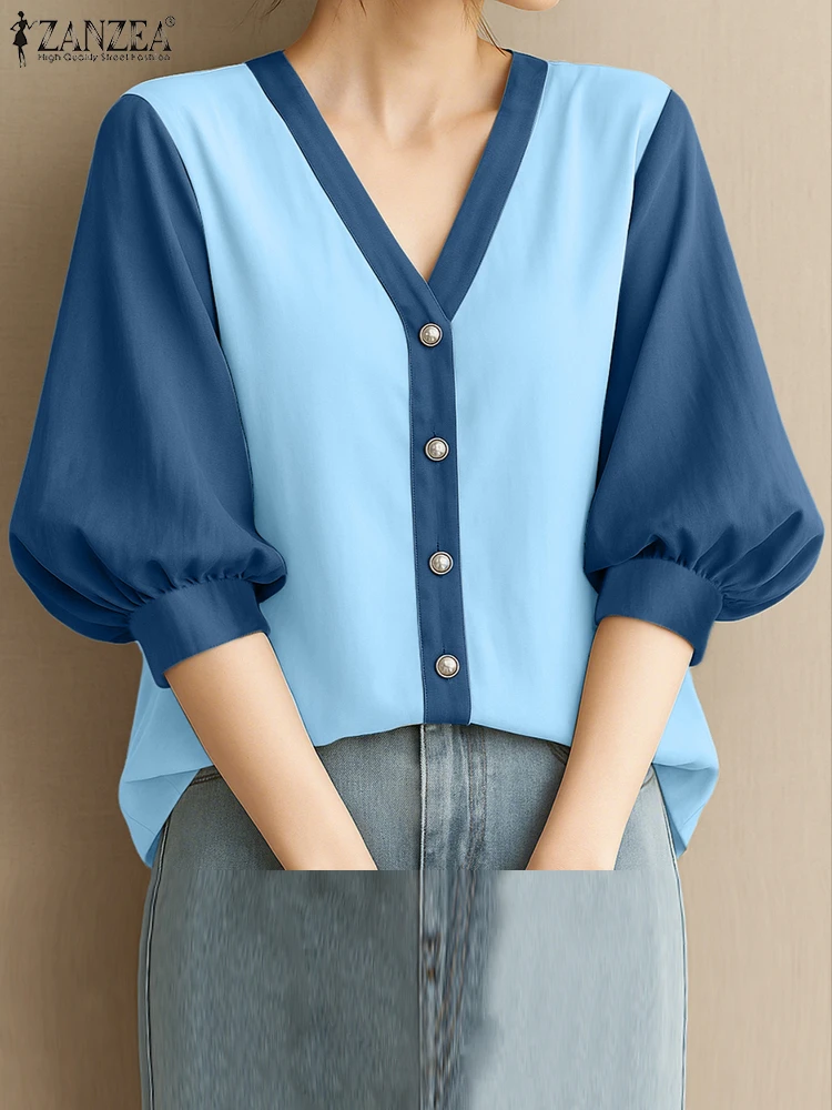 ZANZEA Camicette da donna in colore a contrasto 2025 Autunno 3/4 Manica a lanterna Scollo a V Button Up Patchwork Camicetta Casual Donna Top S-3XL