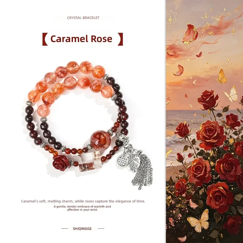 [Caramel Rose] Good Luck Red Glue Flower Peach Blossom Garnet Bracelet Female Natural Crystal Exquisite Niche Bracelet