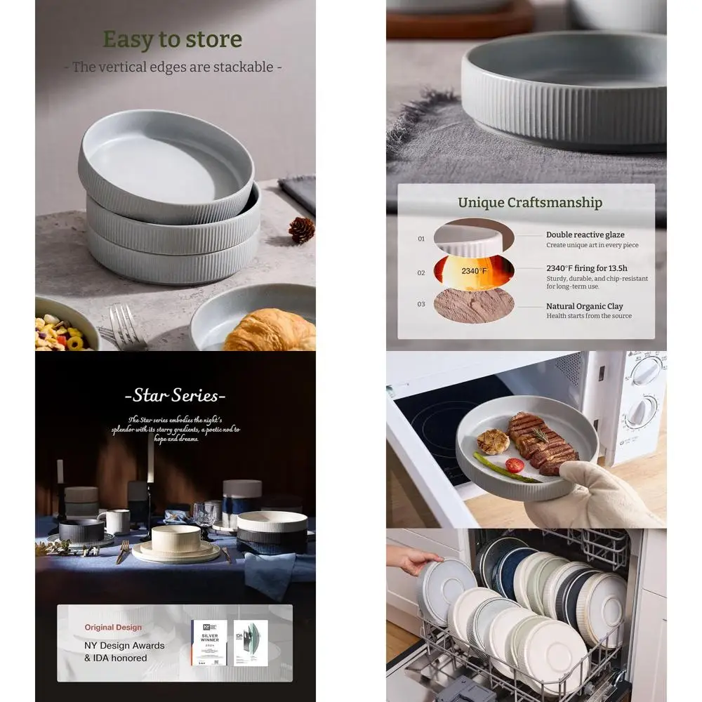 

8.25 Large Pasta Bowls Set of 6, Light Gray Dinner Salad Bowls for Everyday Use