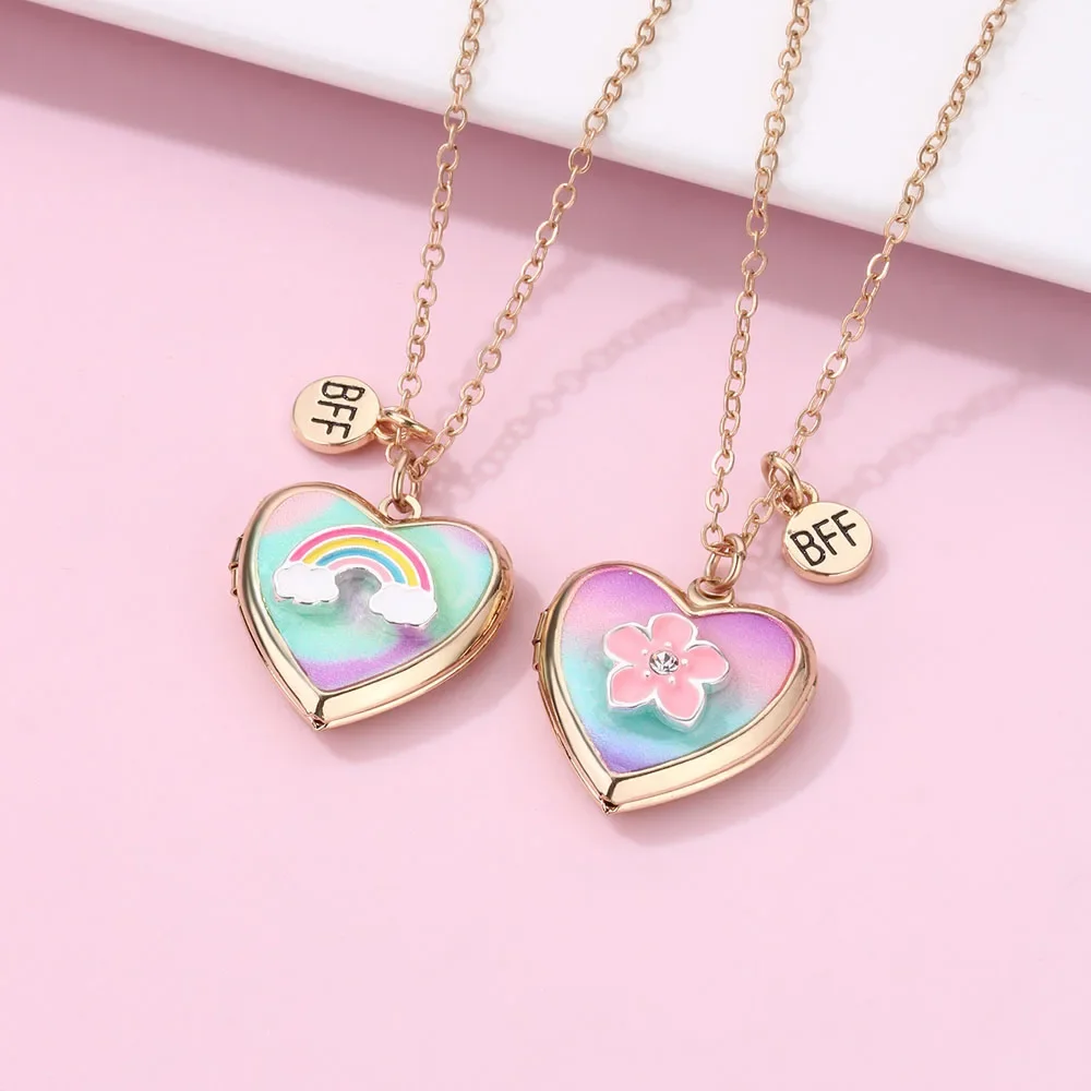 Luoluo&baby 2Pcs/set Fashion Rainbow Flowers Love Photo Box DIY Best Friend Necklace for Girls BFF Friendship Jewelry Gift