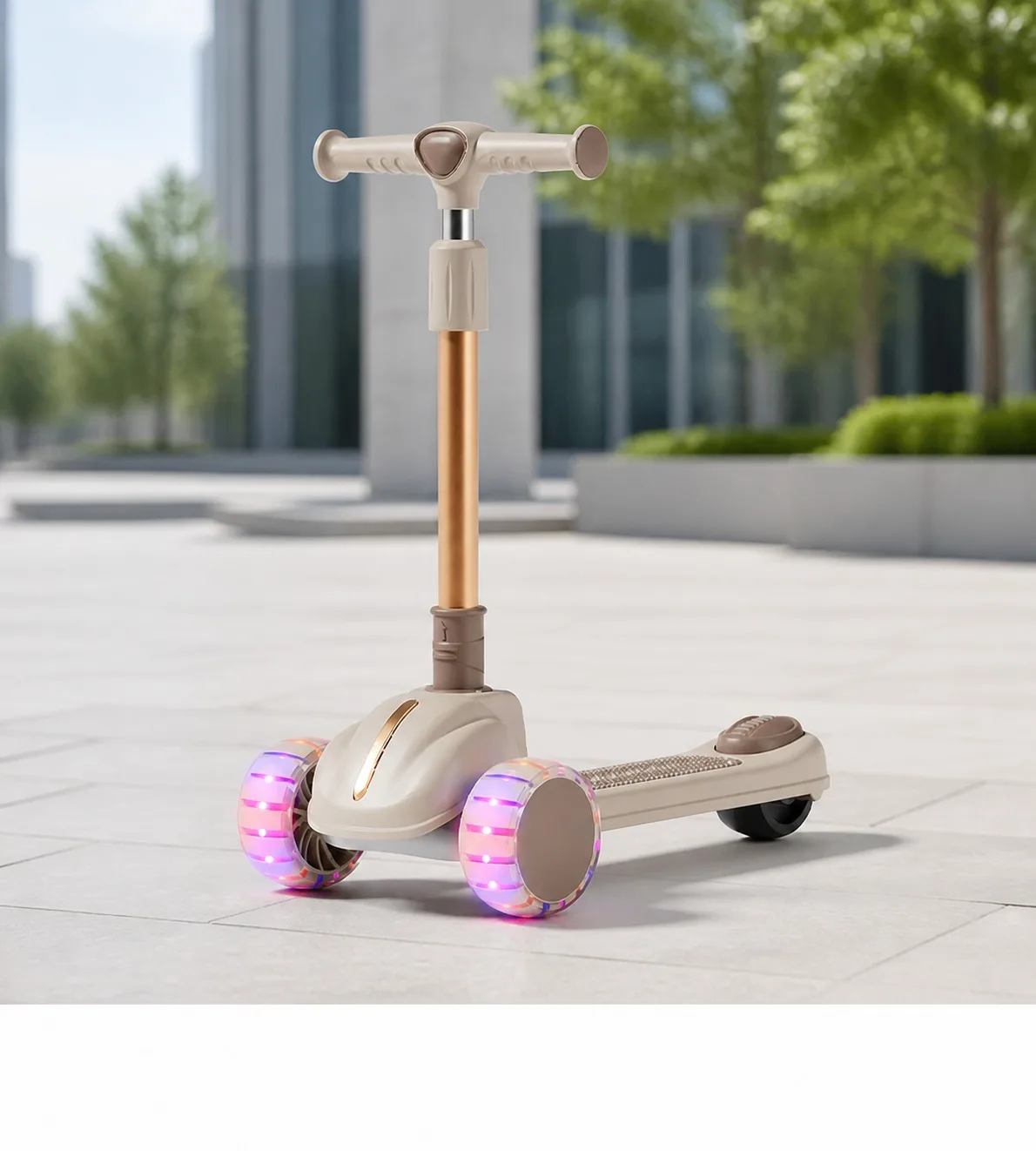 Kids Adjustable Scooter with Flashing Wheels for Boys Girls Baby Sit and Ride Outdoor Toy Gift - Khaki
