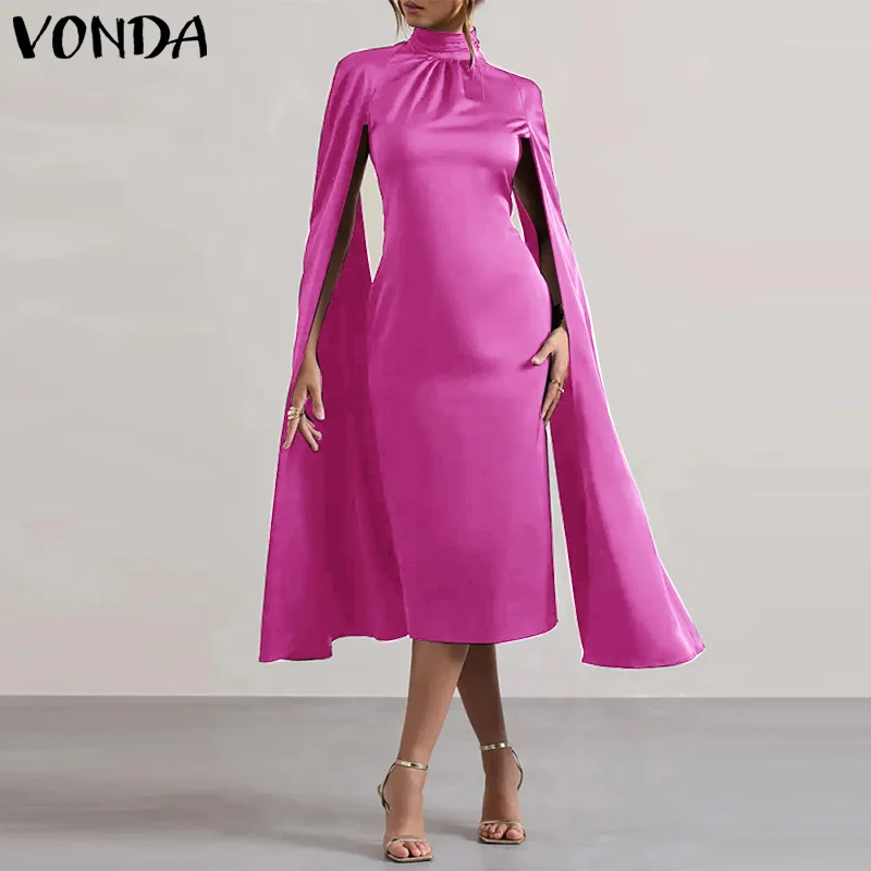 

Plus Size 5XL VONDA Women Elegant Office Lady Dress 2025 Sexy Tight Mid-Calf Party Sundress Satin Silk Vestidos Stand Neck Robe