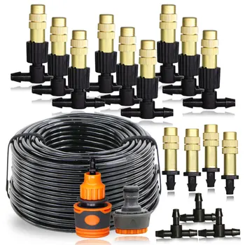 5M-30M Outdoor Misting Cooling System Garden Watering Irrigation 1/4'' Brass Atomizer Nozzles 4/7mm Hose for Patio Greenhouse
