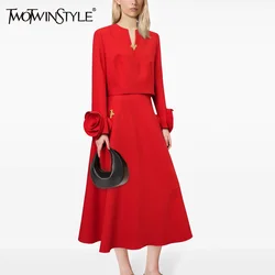 TWOTWINSTYLE Solid Two Piece Set For Women V Neck Long Sleeve Spliced Appliques Top High Waist Loose Skirt Elegant Sets Female