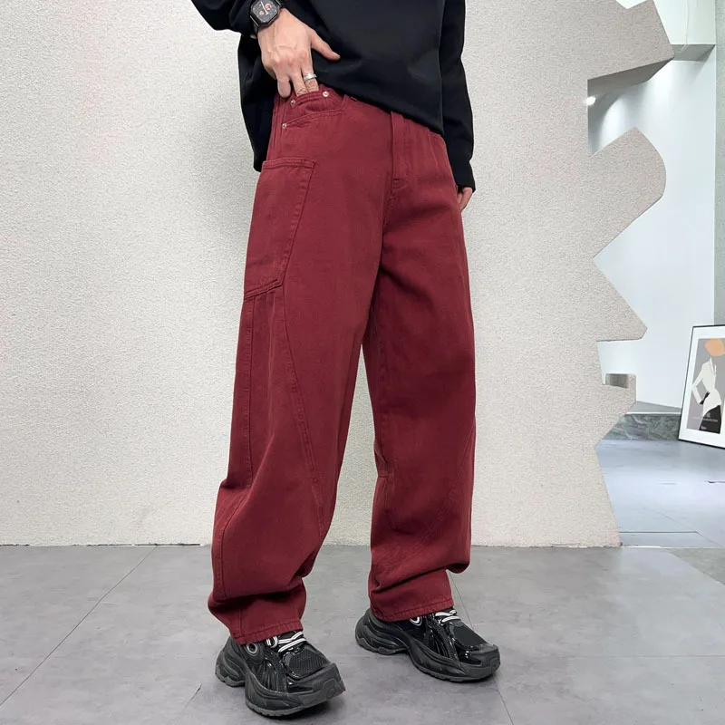 

Hip Hop Red Jeans Men's Autumn Multi-Pocket Workwear Style Loose Straight Street Trend Wide Leg Y2K Trousers