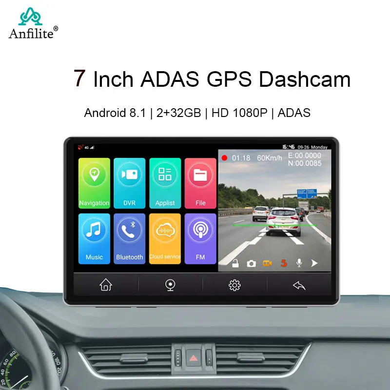 7Inch Android 8.1 Bluetooth WiFi ADAS GPS Navigation Dual lens Dash Cam 1080P Rear camera video recorder 4G Dash Camera 24H Park