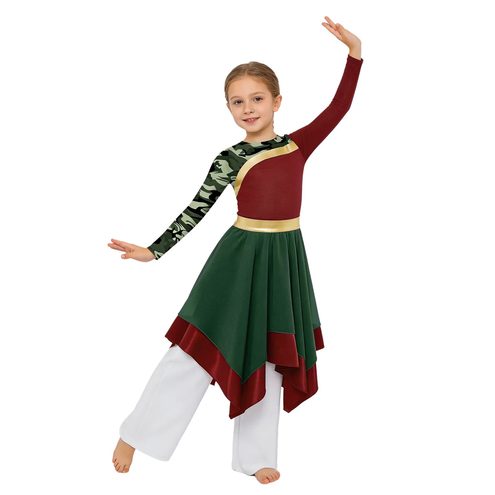Kids Girls Long Sleeve Liturgical Worship Praise Choir Dance Dress with Wide-Leg Pants Modern Lyrical Dance Performance Costume