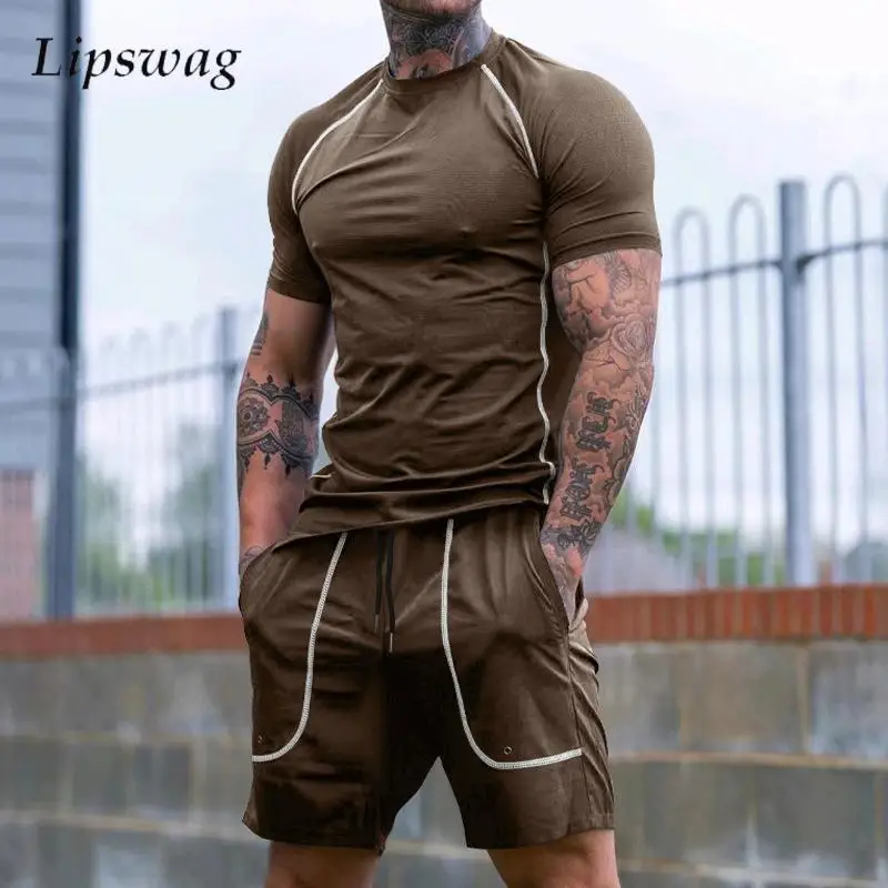 

Summer Sports Fitness Slim Tracksuits Men Casual Short Sleeve O Neck T Shirt And Shorts Two Piece Set Mens Fashion Striped Suits