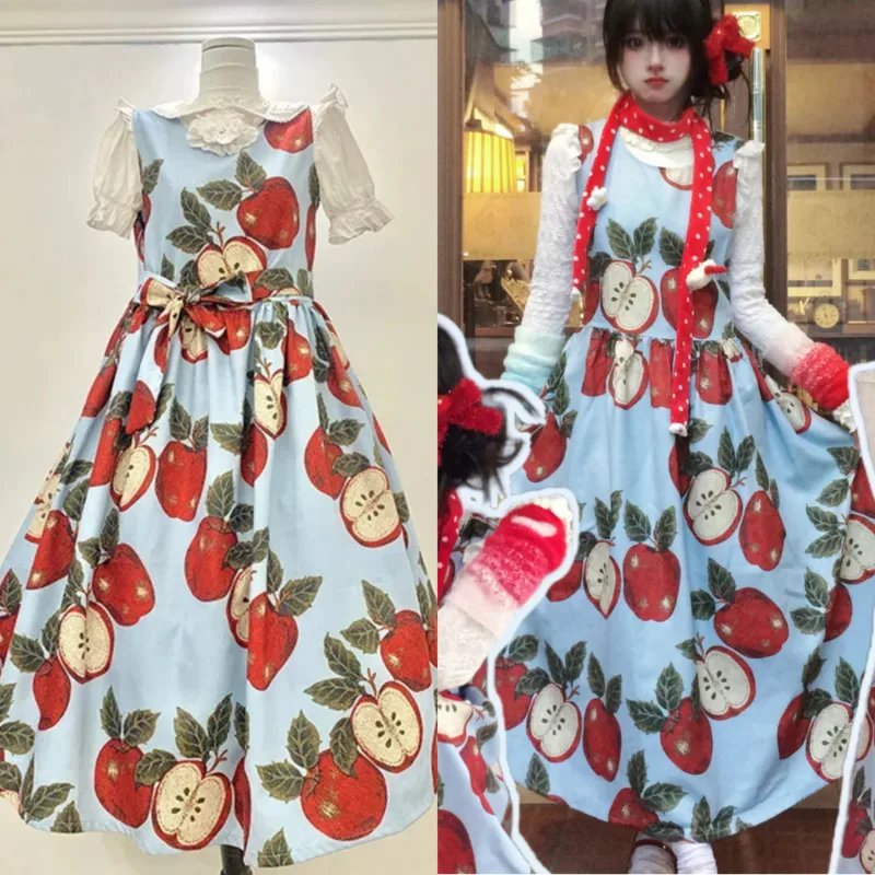 

Apple Y2K Dresses Cartoon Blue Pink Colored Half Skirt Women Cute Hand Drawn Printed Animal Tooth Extraction Girl A-line Dresses