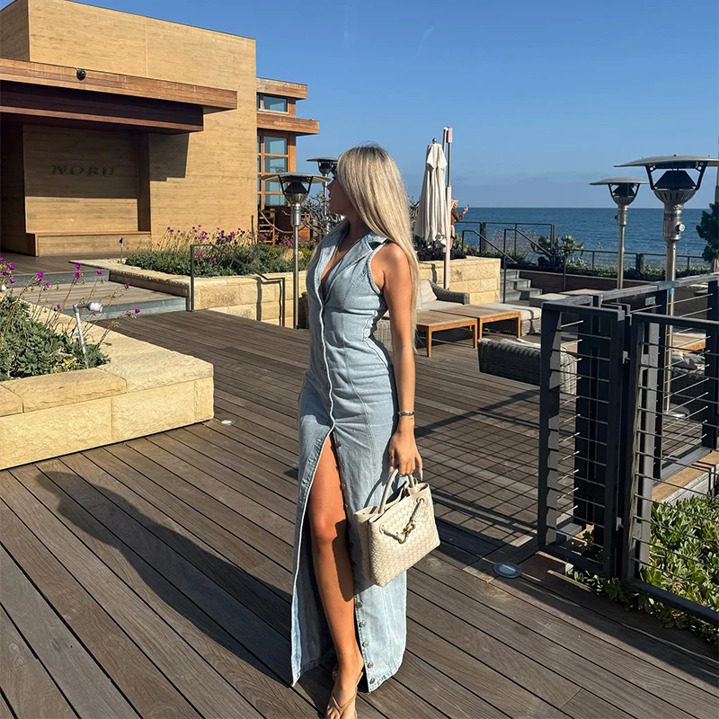 Women's Cool Denim Maxi Dress Sexy V-neck Vent Singel Breasted Lapel Sleeveless Slim Vestidos 2025 New Summer High Street Robe