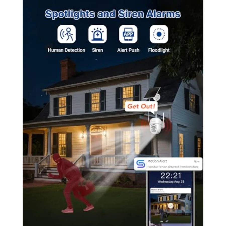 360°PTZ Security Cameras Wireless Outdoor 2 Pack, 2K Solar Battery Powered Cameras, 2.4G WiFi Camera with Spotlight, Motion Det