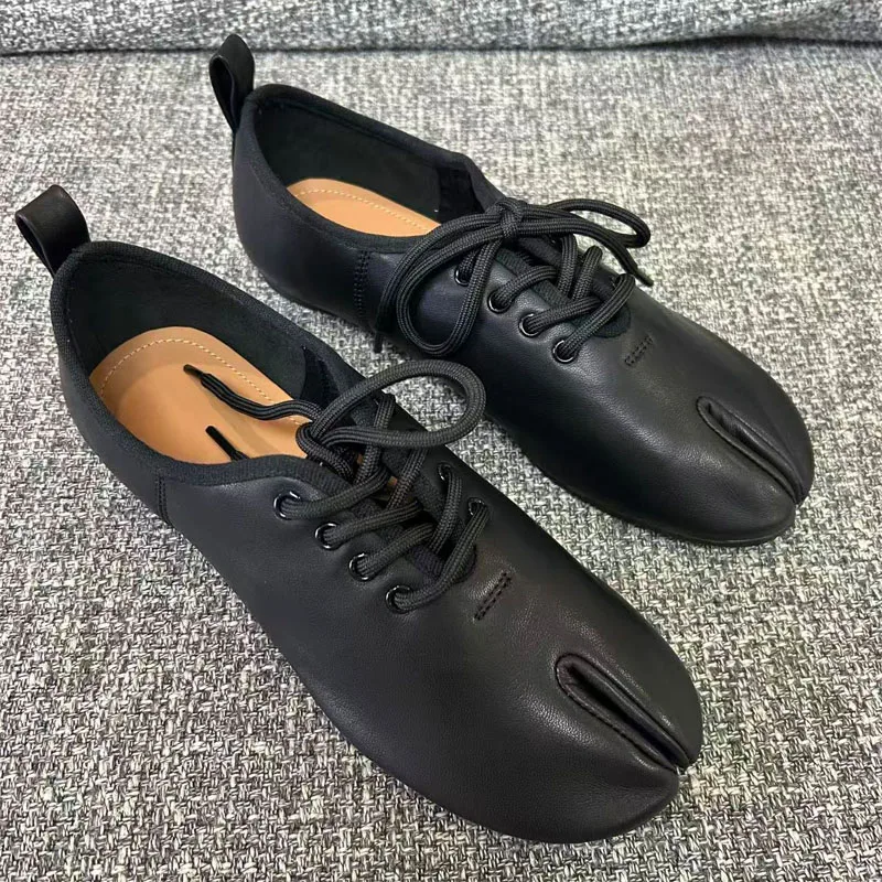 

High quality Split-Toes Zapatos Mujer Leisure Handmade Genuine Leather Lace-Up Mary Janes Comfortable Woman Flats