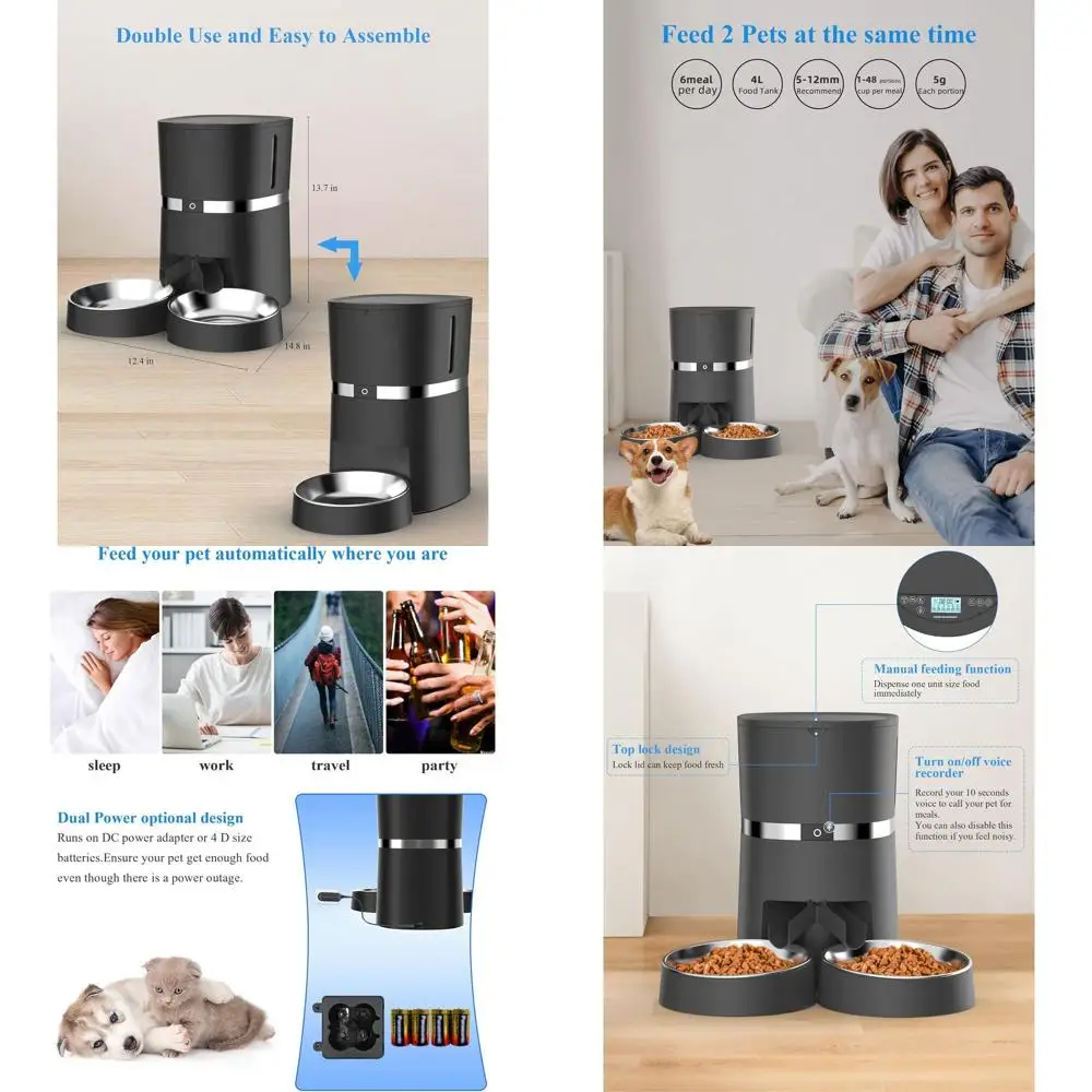 

Dual-Bowl Automatic Pet Feeder with Splitter, 6 Meal Portion Control, Voice Recorder - Battery/Plug-in