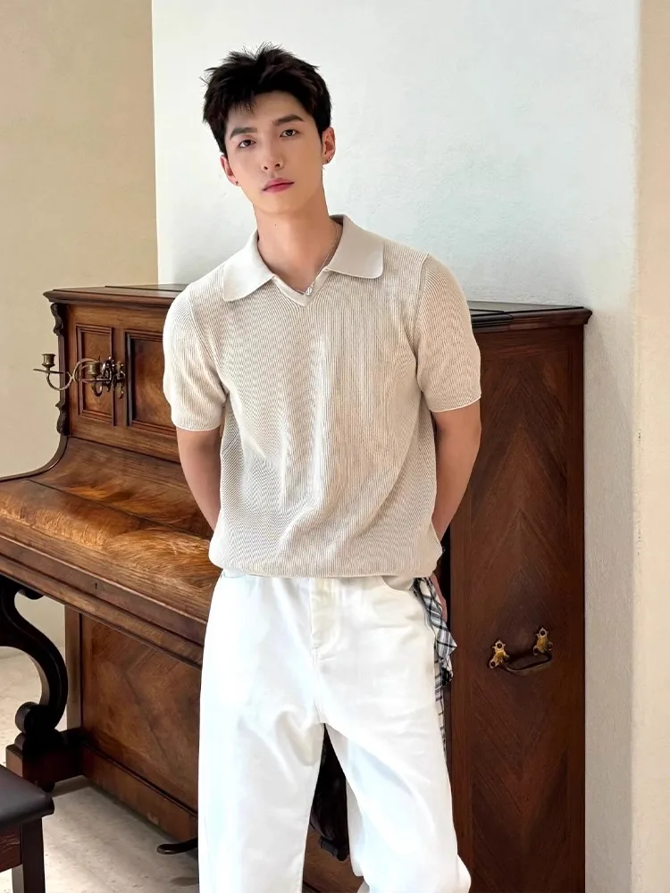 

Summer Men's irt ort Sve Knitted V-Ne CleanFit Casual Top oulder Flip Collar T-irt Ocean Owl Leisure Wear