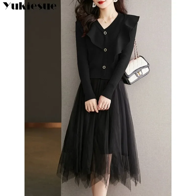 Frauen V-ausschnitt Spitze Taste Langarm Gestricktes Hemd Schlank Mesh Rock Solide 2023 Herbst Winter Zwei Stück Set Kleid Design sinn