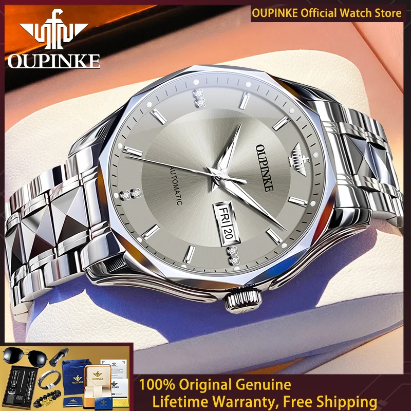 

OUPINKE Модные классические мужские механические часы, водонепроницаемые, с бриллиантами, из вольфрамовой стали, роскошные, с импортным автоматическим механизмом, мужские часы 3295