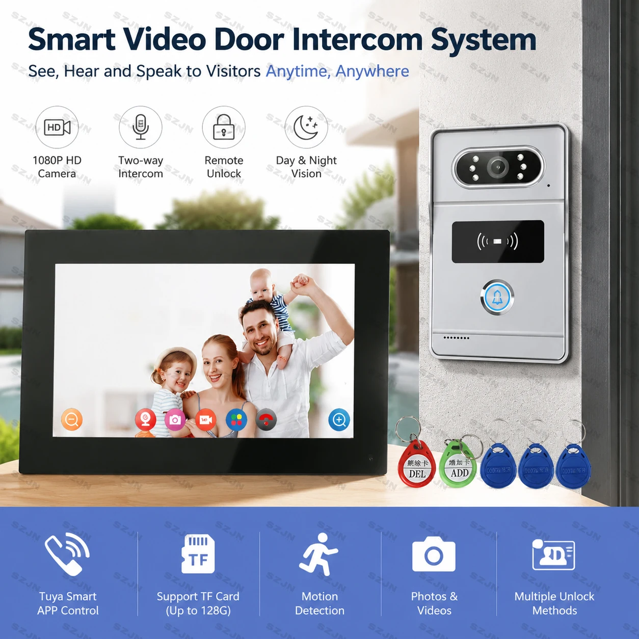 Tuya Smart WiFi Video Doorphone Kit 7in IPS Touch Monitor 2MP Camera RFID Unlock Motion Detection Night Vision Home Security APP