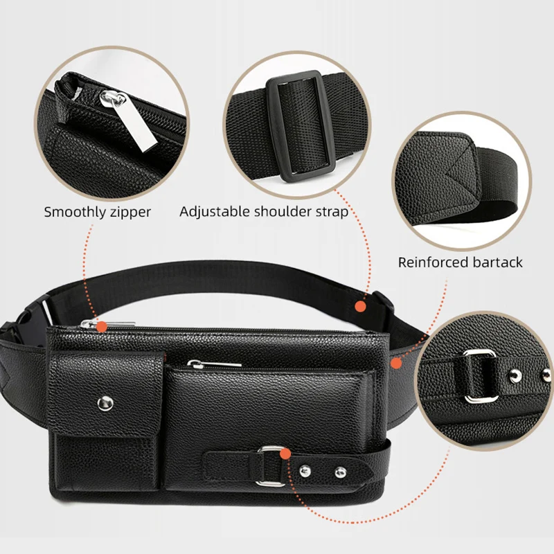 Men Business Waist Pack PU Male Chest Bag Waterproof Fanny Pack Belt Bags Phone Packs Multi-Layer Casual Shoulder Crossbody Bags