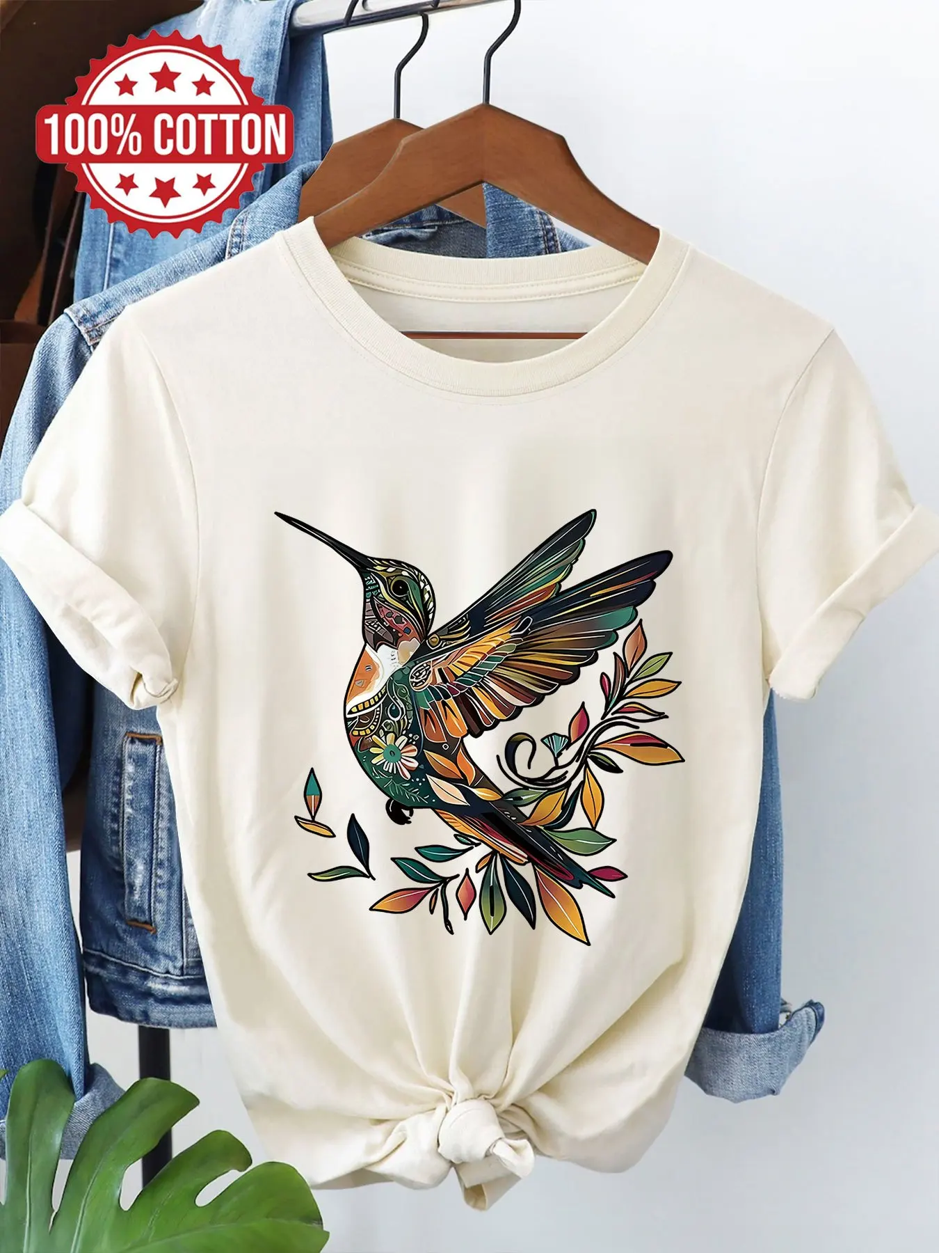 Decorative style hummingbird and leaf pattern printed round neck short sleeved T-shirt for summer casual and natural fresh top