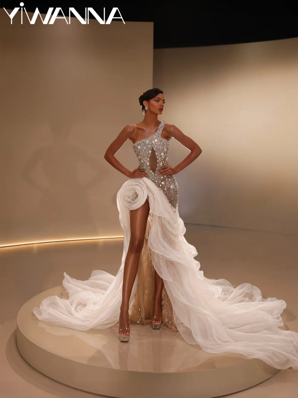 Ruffled Sparkling Rhinestones Wedding Dress Opulent One Shoulder High Slit Bridal Gown Customized Dreamy Long Dresses For Bride
