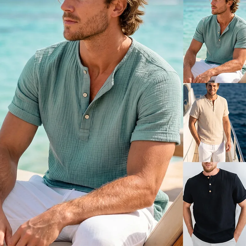 2026 New Summer Male Button Neck T-Shirt Casual Lightweight Short Sleeve Tops Breathable Comfort Daily Shirts for Men