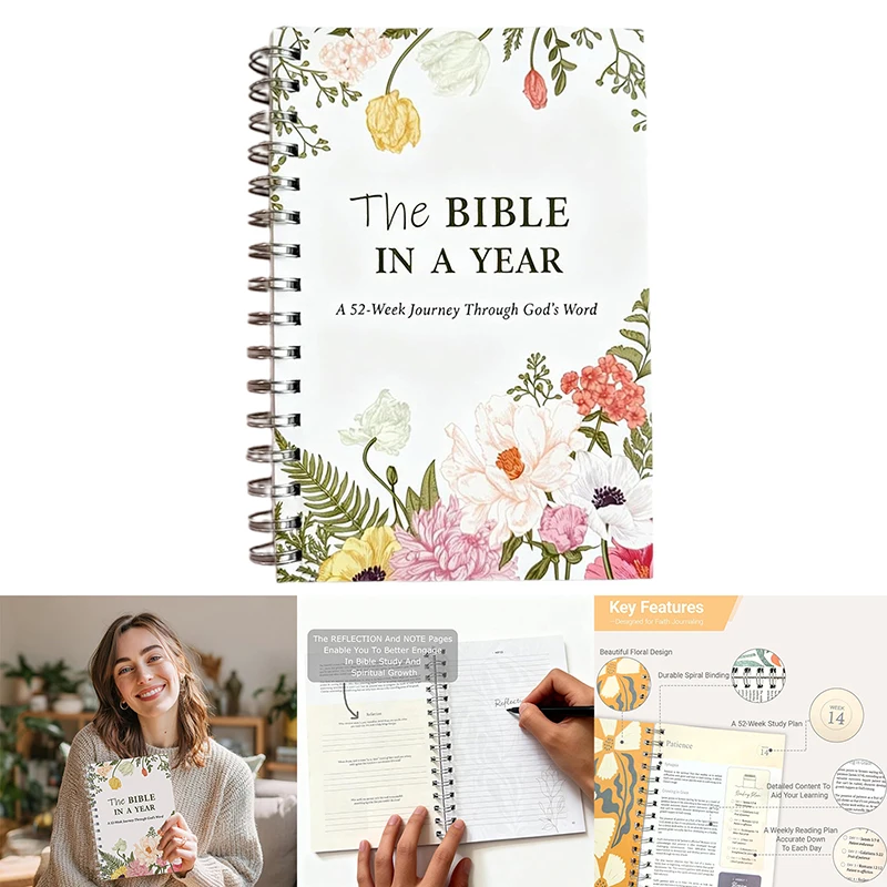 Journal d'étude de la Bible dans un an avec plan de lecture de 52 semaines, cadeaux chrétiens pour journalisation dévotionnelle, carnet dévotion A5
