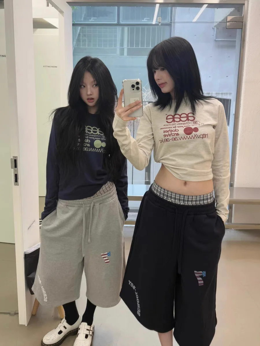 

Американские ретро-брюки в клетку с эффектом двухслойности, спортивные, укороченные, женские, повседневные, свободного кроя, в корейском стиле, лето 2026