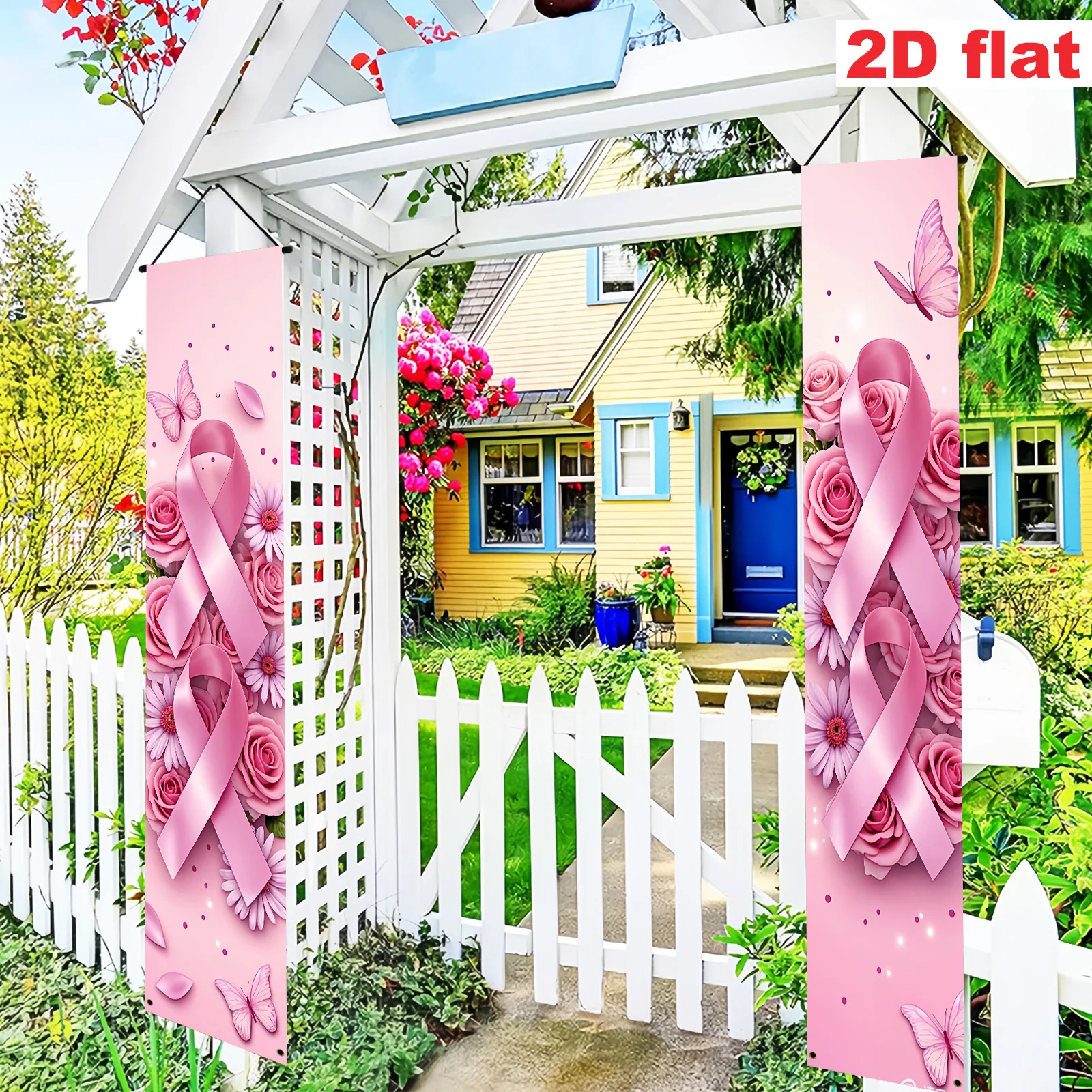 2Pcs 2D Flat Pink Ribbon Breast Cancer Awareness Door Couplet Banner Women Charity Indoor Outdoor Porch Decor Easy Install view 3