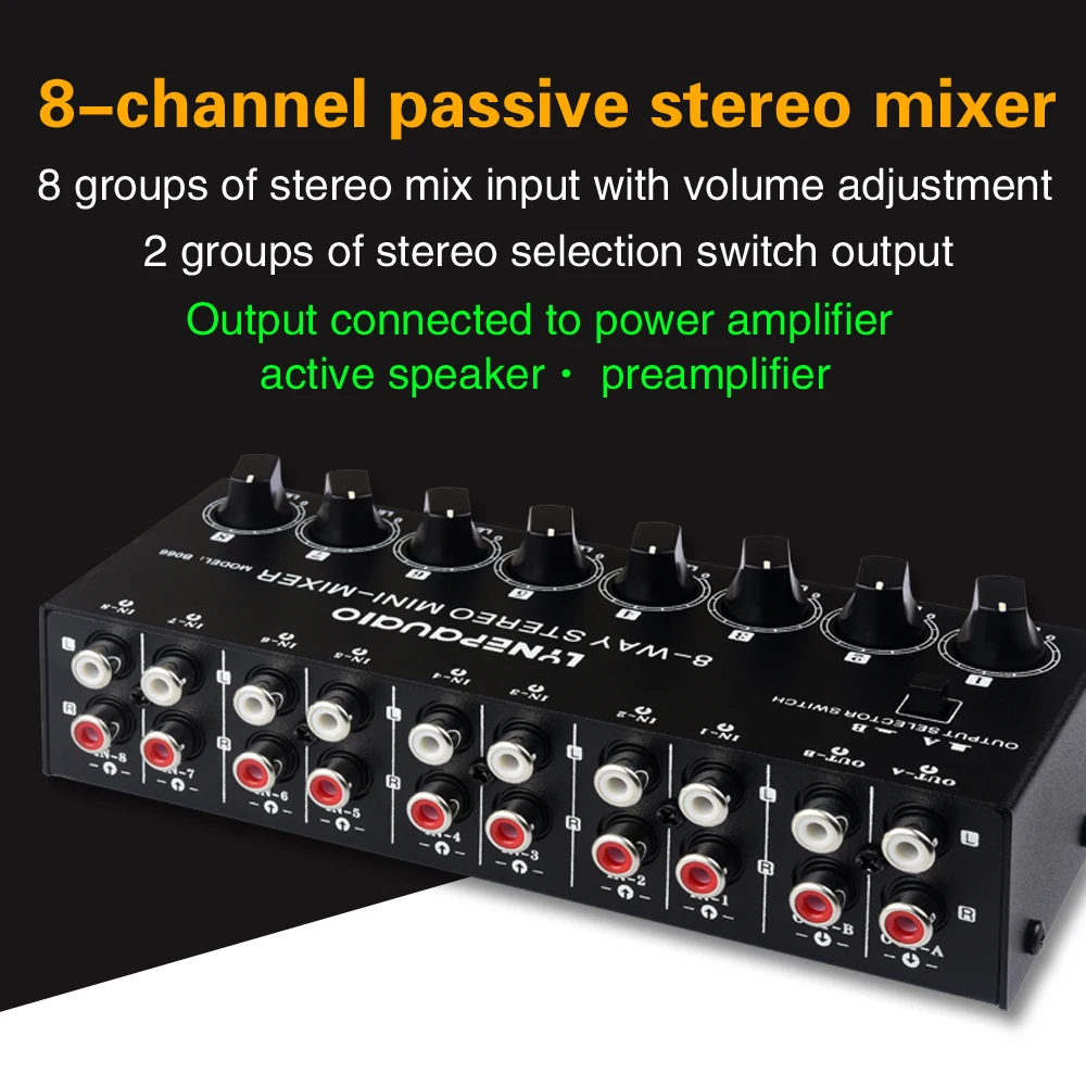 Mini mezclador estéreo pasivo de 8 canales No requiere energía Mezclador de audio estéreo de 8 canales Interfaz RCA