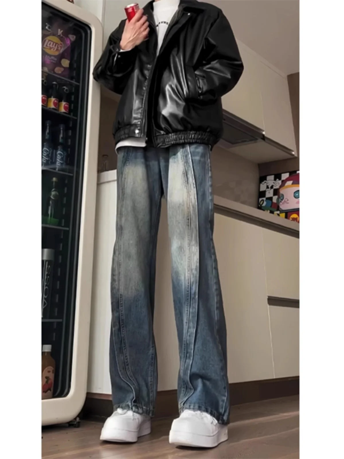 

Retro Blue Fce Lined Straight Leg Jeans Men's Autumn Winter American High Street Faion Brand Pleated Splicing Slim Fit J...