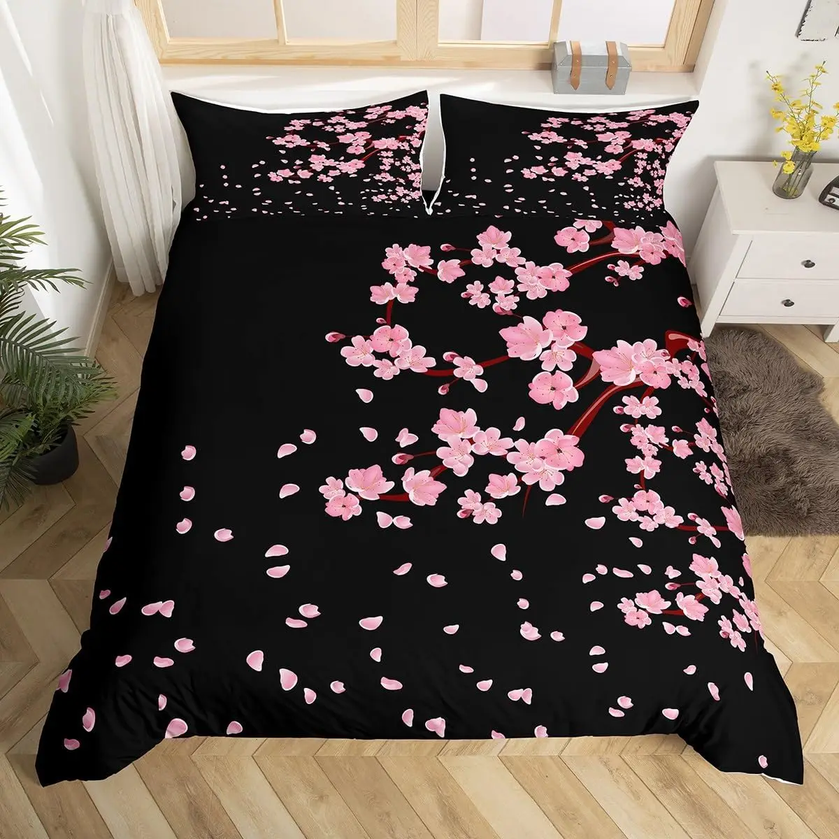 Pink Cherry Blossom Duvet Cover Twin King,Japanese Flowers Blossoms Romantic Floral Bedding Set,Farmhouse Petals Comforter Cover