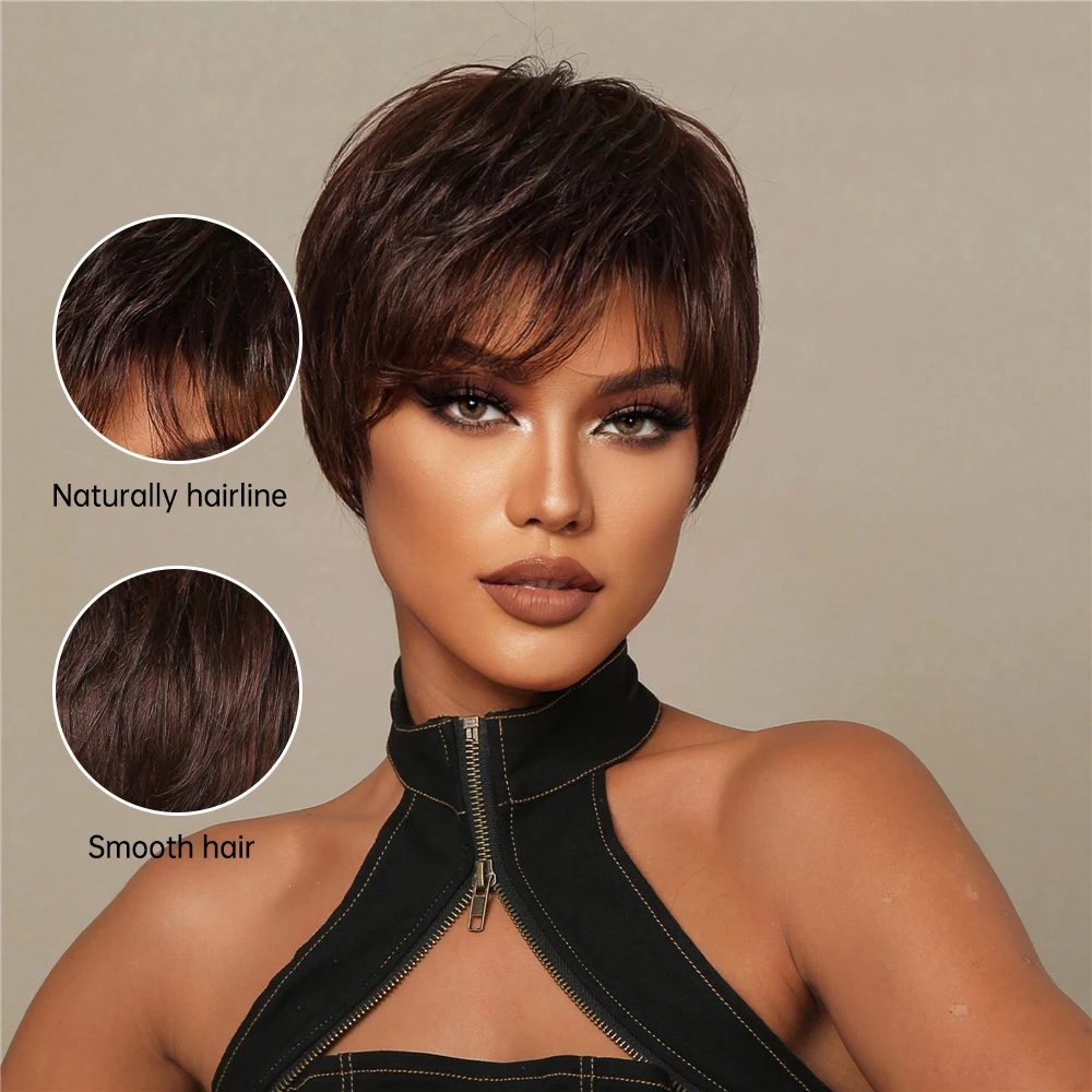 Pixie Cut Brown Blend Menselijk Haar Synthetische Pruiken Pluizige Korte Natuurlijke Gelaagde Bob Haar Pruik Met Pony Hittebestendige Vrouwen Pruik