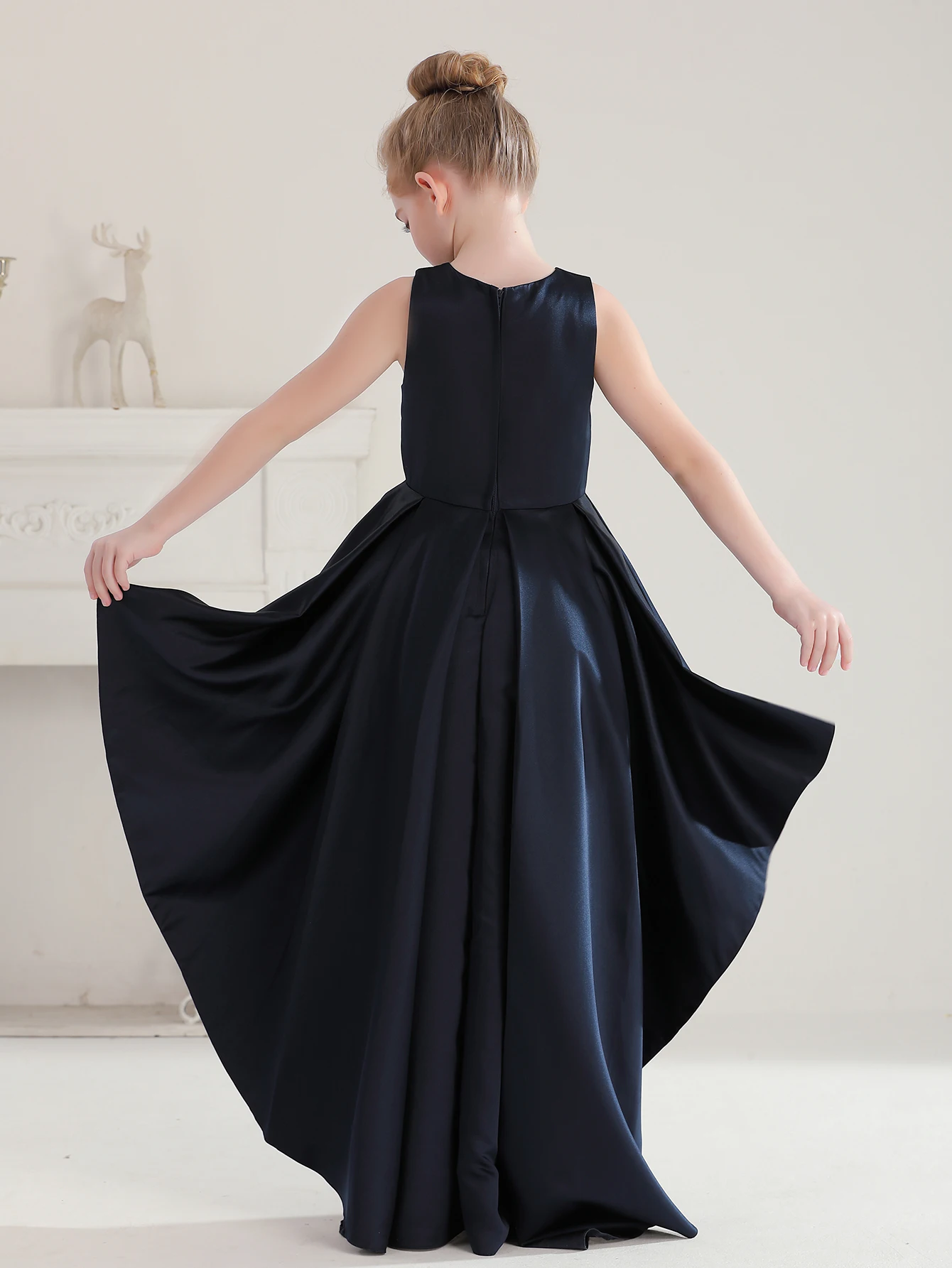 Teen Girls Tuxedo Dress Wedding Party Royal blue Short Front Long Back Bridesmaid Dress