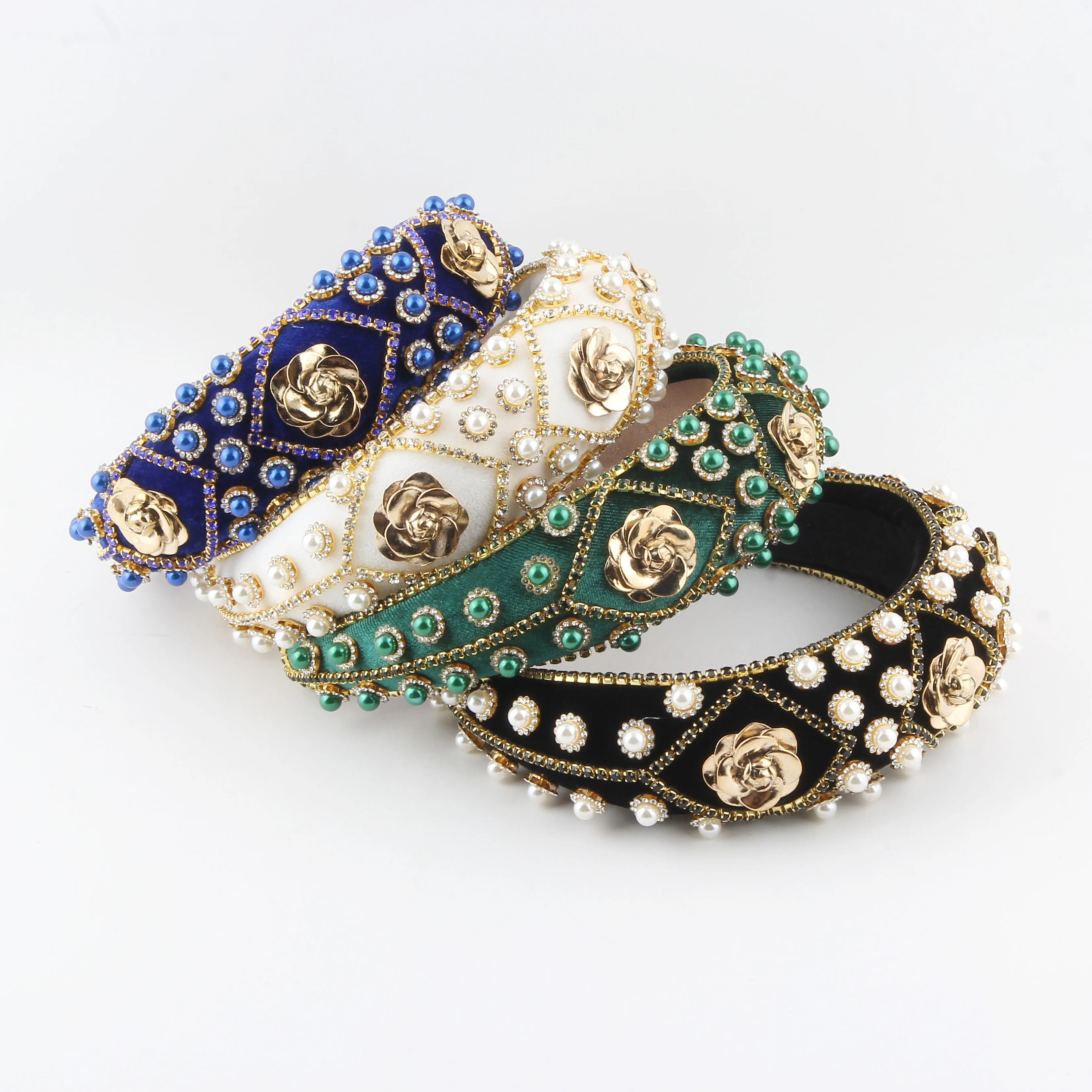 European And American Cross-Border Baroque Velvet Handcrafted Chain Rhinestone Headband Wide Edge Sponge Headband 414