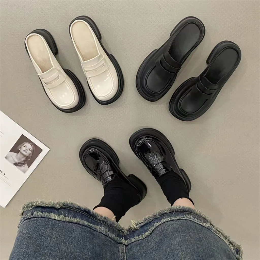 Loafers Female Shoes Cover Toe House Slippers Platform Low Big Size Slides 2024 Synthetic PU Hoof Heels Rome Rubber Fabric