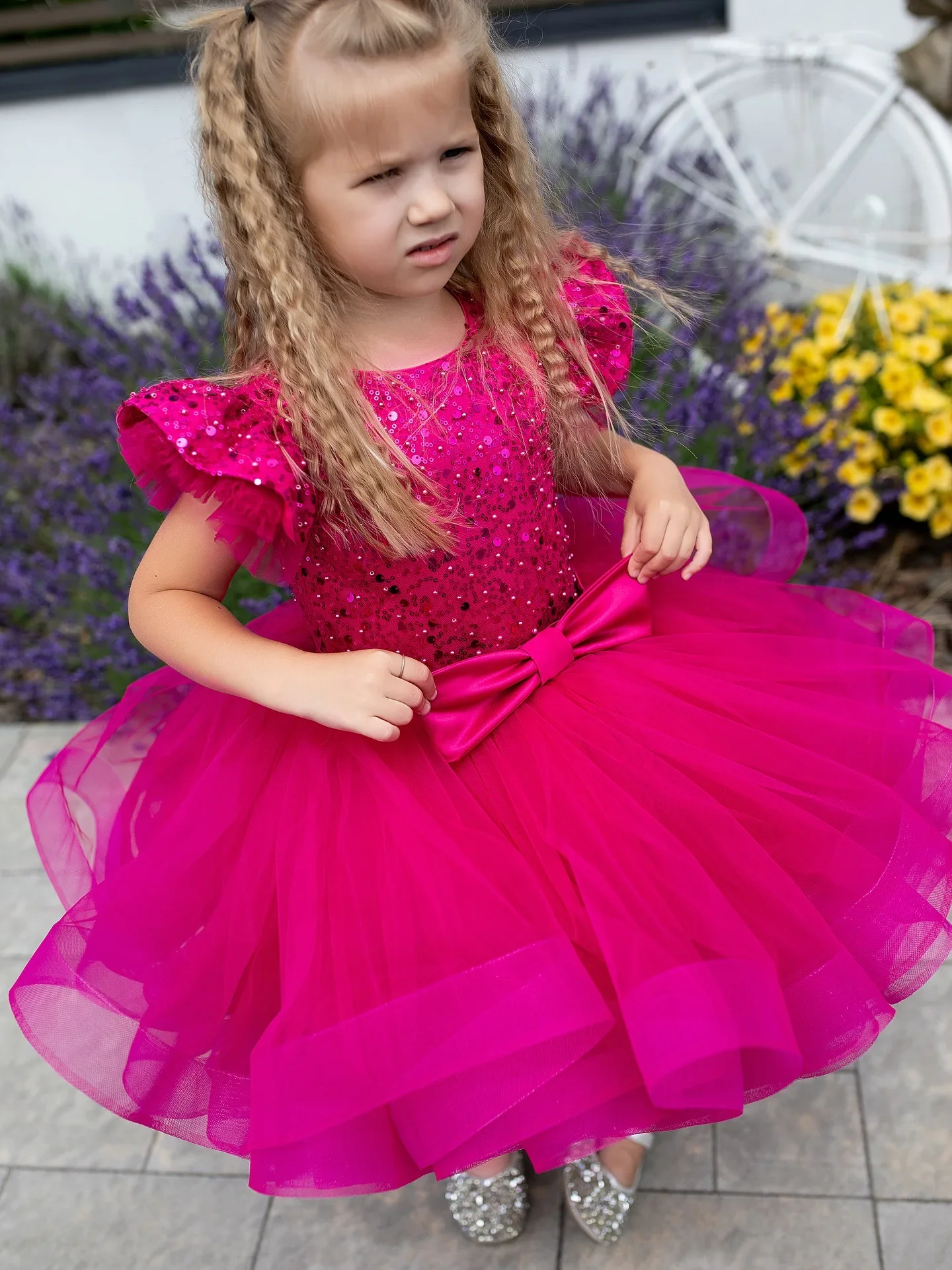 فستان فتاة الزهور للأطفال لحفلات أعياد الميلاد، فستان وردي ساخن للأطفال الصغار، فستان قصير مزين بالترتر، طول الركبة، أكمام قصيرة متدرجة #5