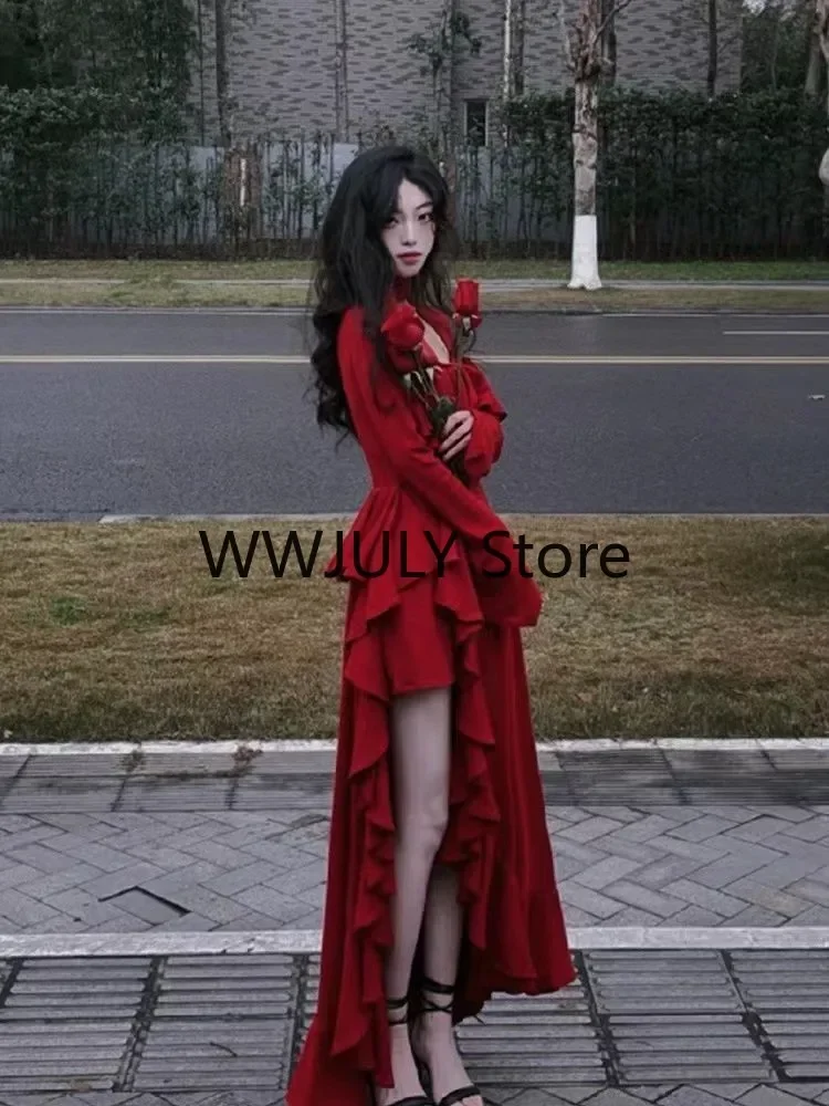 2024 Spring Women Elegant Long Slevee Midi Dress Female Red Square Collar Ruffle Party Dress Christmas Irregular Prom Dress